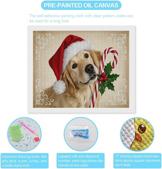 Diamond Painting Kits for Adults - Christmas Golden Retriever Puppy in Santa Hat with Candy Cane Painting DIY 5D Full Drill Diamond Dots Paintings with Diamonds Gem Art And Crafts Home Decor 16"x20"
