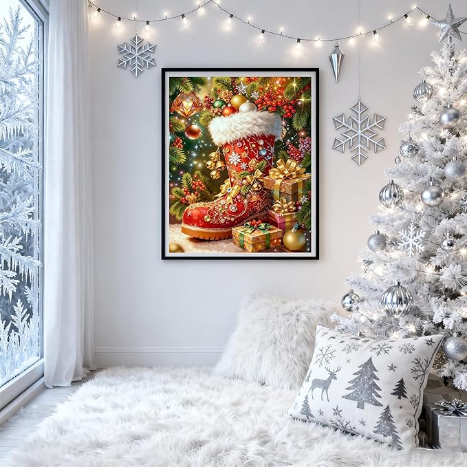 VIGEGU Christmas Diamond Art Kits for Adults,Winter Christmas Boots Bell Diamond Painting Kits for Beginners 5D Diamond Art,DIY Full Drill Round Gem Art Paintings for Home Wall Decor 12x16 in
