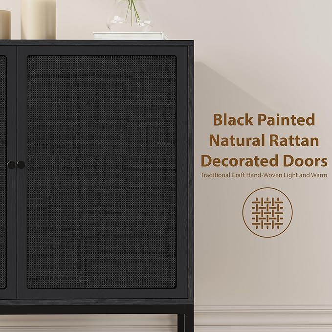 Yechen Black Rattan Buffet Cabinet with Storage, Sideboard Cabinet with Natural Rattan Decorated Doors, Accent Cane Credenza, Wooden Coffee Bar, for Living Room Entryway Kitchen, Metal Legs