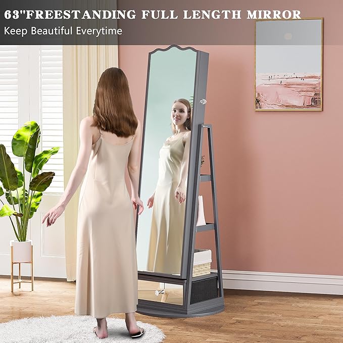 Lvifur 360° Rotating LED Jewelry Armoire w/Full Length Mirror, Large Capacity Jewelry Organizer Armoire w/Lights, Lockable Floor Standing Mirror Cabinet with Storage Shelves for Bedroom, Cloakroom