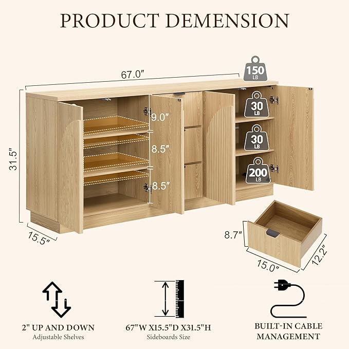 Brafab 67" Mid Century Modern Style Storage Sideboard with 4 Arched Reeded Design Doors and 3 Drawers with Adjustable Shelves, Suitable for Living Rooms, Studies and Dining Rooms (Natural Oak, 1 PCS)