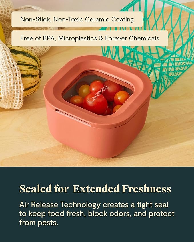 Caraway 2pc Glass Food Storage Set - 1.75 Cup Food Containers (2) - Non-Toxic Ceramic-Coated Glass - Air Release Technology - Compact & Stackable Design - Sage