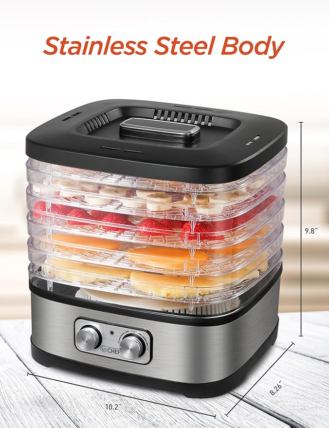 COMMERCIAL CHEF Food Dehydrator, 5 BPA-Free 10” x 9.25” Adjustable Height Trays, Stainless Dehydration Machine for Beef Jerky, Dehydrated Vegetables, Fruits and More, CHD200S, Black/Stainless Look