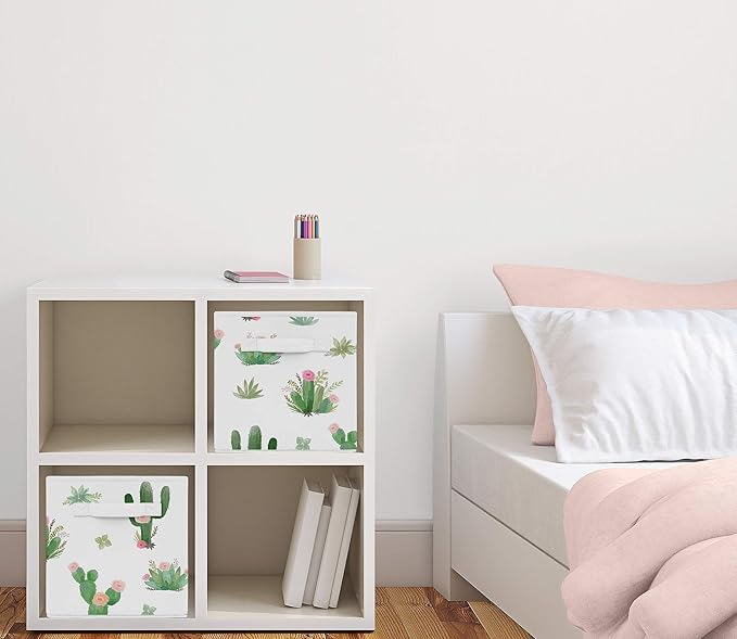 Sweet Jojo Designs Pink and Green Boho Watercolor Organizer Storage Bins for Cactus Floral Collection - Set of 2