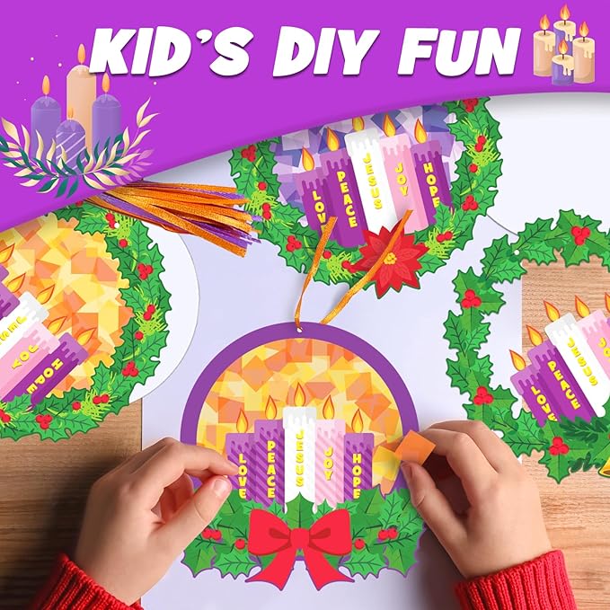 Glicholi 42 Packs Christmas Advent Wreath Suncatchers Crafts, Make Your Own Advent Candle DIY Tissue Art Craft Gift with Joy Christ Peace Hope Love for Xmas Home Church Game Activities