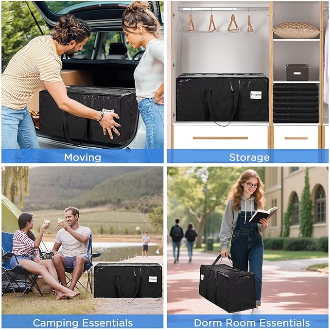 BETU Extra Large Moving Bags Heavy Duty Storage Bags with Zipper Handles, 10 Pack Clothes Storage Totes Bins Packing Moving Boxes, Moving Supplies for College Dorm Essentials, Space Saving, Black