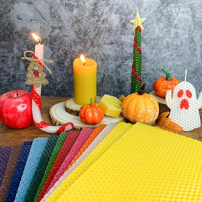 Lacaser Beeswax Sheets for Candle Making Kit, Pure Bees Wax Made Candle Sheets, Include Bee Ornaments, Lace, Cotton Wicks, Gift Tag & Hemp Rope, Size 8"x 8", 16pcs in Assorted Colors
