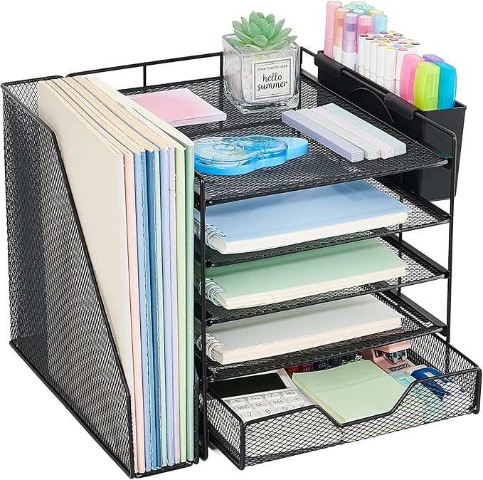 Desk Organizer, 5-Tier Paper Letter Tray Organizer with File Holder, Drawer and Pen Holder, Desktop Organizer for Office Supplies, Black