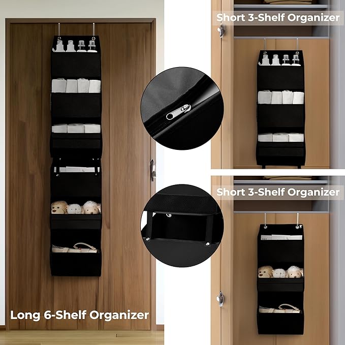GRANNY SAYS Back of Door Organizer, 6-Shelf Detachable Over the Door Baby Organizer with 8 Pockets, Anti Tilt 40lb Large Capacity Hanging Diaper Storage for Nursery, Bedroom, Kids Room, Black