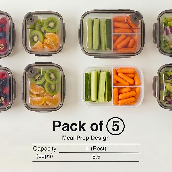 Compartmentalized Plastic Airtight Food Storage Containers with Vented Lids, 3-Compartment Design, BPA-Free, 5-Pack (5.5 Cups Each) for Meal Prep and Portion Control