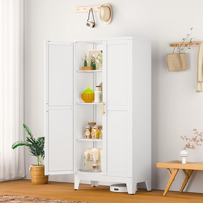 Ckzbx White Metal Cabinets with Doors and Shelves,47.25" H Storage Cabinet White Pantry Cabinet Garage Cabinets for Kitchen,Living Room,Dinning Room
