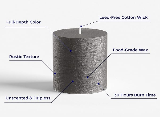 Set of 3 Pillar Candles 3" x 3" Unscented Handpoured Weddings, Home Decoration, Restaurants, Spa, Church Smokeless Cotton Wick - Dark Grey