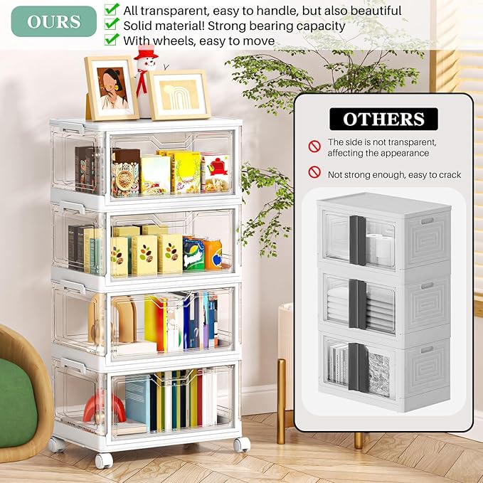 Clear Storage Bins with Lids - 4 Tier Plastic Bins with Wheels, Stackable Storage Bin, Closet Organizers Box for Bedroom, Living Room, 23 QT Folding Box with Magnetic door