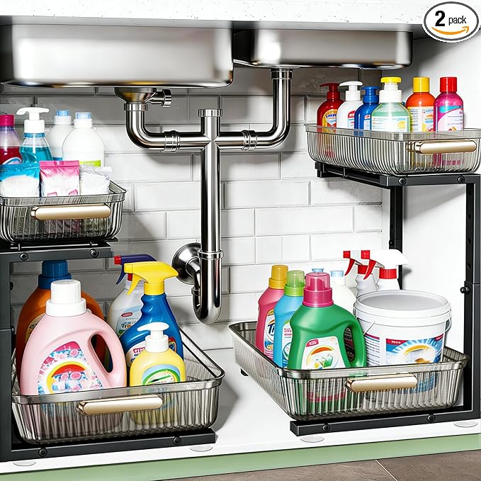 Under Sink Organizer - 2 Packs Multi-Purpose Pull-Out Storage Organizers, Slide out Pull out Cabinet Organizer Shelf, Storage for Kitchen Bathroom, Clear