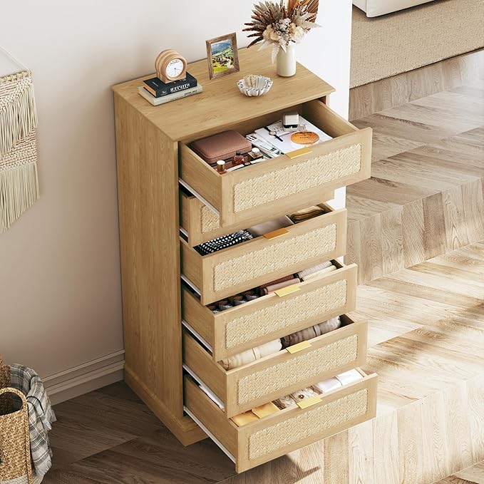 HUAHUU 6 Drawer Dresser for Bedroom, 50 Inch Tall Dressers & Rattan Chest of Drawers, Boho Style, Wood Modern Dressers Organizer for Bedroom, Living Room, Hallway, Entryway, Oak