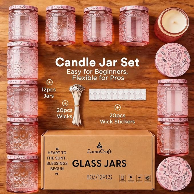 LumaCraft Luxury Embossed Glass Candle Jars for Making Candles - 12 Pack Empty Candle Containers with Airtight Metal Lids, 20 Wicks & 20 Stickers, Colored Glass Jars for Gifts & Decor-8OZ