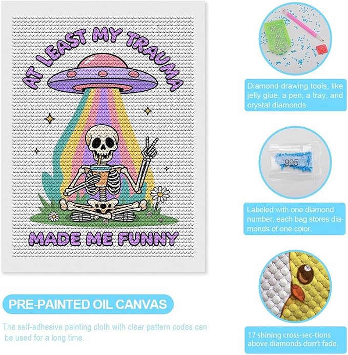 KIVJMSIDJA Skull Skeleton “At Least My Trauma Made Me Funny” Diamond Art Kits for Adults for Beginners, 5D Full Diamond Art Paint 12"x16"