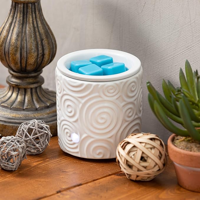 White Swirl Ceramic Candle Warmer Electric with Safety Timer | Automatic Plug in Fragrance Warmer for Scented Wax Melts, Cubes, Tarts | Air Freshener Set for Home Décor, Office, and Gifts