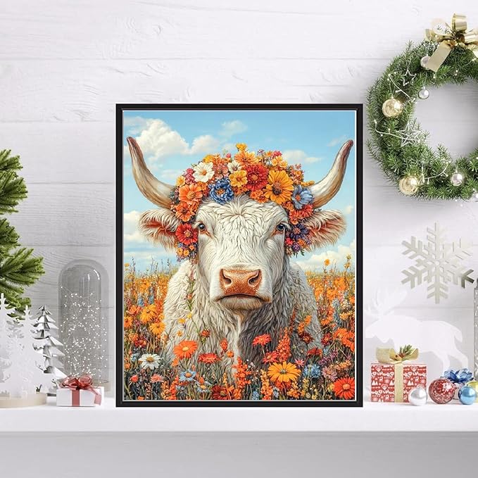 VIGEGU Highland Cow 5D Diamond Painting Kits for Adults,Flowers Diamond Art kit for Beginners,DIY Full Round Drill Diamond Dots with Gem Art Crafts for Home Wall Decor 12 x16 Inch