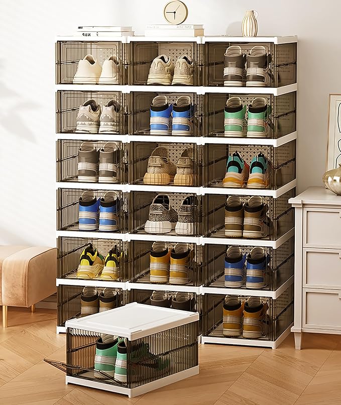 Shoe Storage Organizer Box 6-Tier Foldable Collapsible Stackable Shoe Rack Bins, Fit Size 12, No Assembly, for Men and Women (Transparent gray)