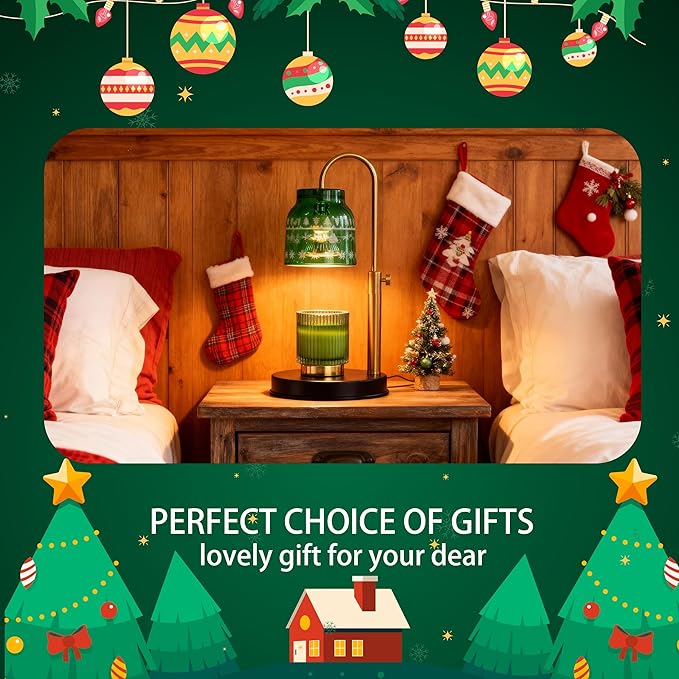 AIKUT Christmas Candle Warmer Lamp, with 2 Bulbs,Timer & Dimmer,Compatible with Large Yankee Candle Jars,3 Wick Candles,Height Adjustable Electric Top Candle Melter,Green,110-120v,Mother's Day Gifts