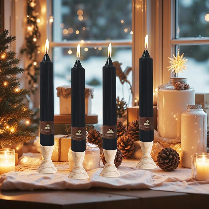 Black Halloween Taper Candles 4 Pack Hand-Poured 9 Inch Unscented Long Tapered Candles for Spooky Decor, Haunted Houses & Gothic Weddings - Clean Burning, Smokeless & Odorless