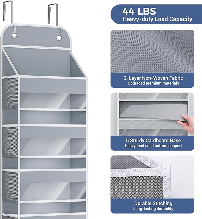COOLBEBE Over the Door Organizer, 5-Shelf Door Organizer Hanging with10 Side Pockets, 44LB Behind the Door Organizer for Bathroom Bedroom Closet and Baby Essentials (1PC, Grey)
