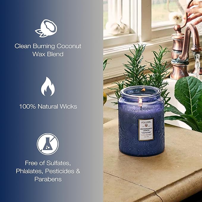 Voluspa Mediterranean Lemon Candle Jar, 18 oz, Coconut Wax Blend, Large Scented Candles for Home, 100 Hour Burn Time, Poured in The USA
