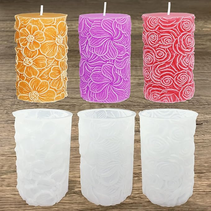 3pcs Flower Cylinder Candle Silicone Molds for Candle Making Soaps Light Resin Clay Home Decoration Crafts DIY (Style -1)