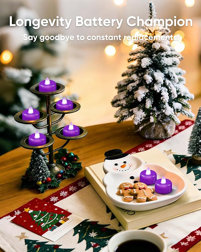 Amagic 12 Pack Purple Flameless LED Tea Lights Candles Battery Operated, Electric Fake Tealight Candles for Party, Wedding, Table Centerpiece, Home Decor, Mardi Gras, Halloween, Christmas, Proposal