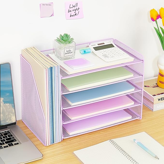 OPNICE Desk Organizer, 5-Tier Paper Organizer Letter Tray with Magazine Holder, Office Desk Accessories & Workspace Organizers, Desktop File Organizer for Office Supplies Storage, Purple