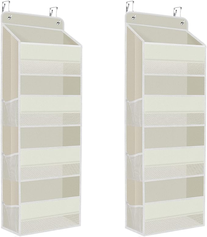 SpaceHacks 2 Pack Over The Door Organizer, Hanging Storage Organizer with Clear Window, 40lb Ultra Sturdy Large Capacity Room Organizer for Pantry Laundry Bathroom Nursery Closet (Beige)