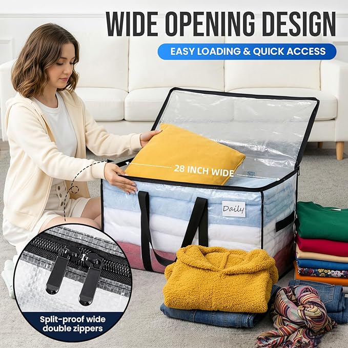 TAILI Extra Large Moving Bags, 2 Pack Clear Heavy Duty Totes For Storage with Visible Window, Wrap Around Handles, Storage Bags for Space Saving, Alternative to Moving Boxes