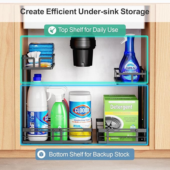 iSPECLE Under Kitchen Sink Organizer, 2 Pack L-Shaped Height Adjustable Pull-Out Cabinet Organizer for Center-Mounted Garbage Disposal & Plumbing, Heavy-Duty Sliding for 30-36 Inch Wide Sink Cabinets