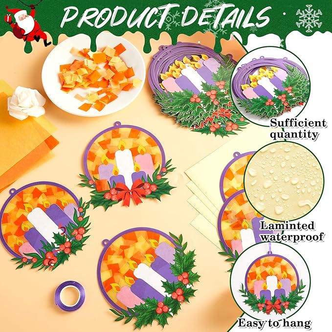 Qyeahkj 36 Set Christmas Advent Wreath Suncatchers Crafts for DIY Advent Candle Tissue Paper Craft Kit Hanging Decor for Xmas Holiday Home Activity Art Project Birthday Party Favor Gift