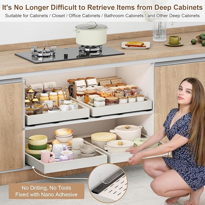 2Pc Pull out Cabinet Organizer,Width (16"-21") and Depth(13"-17"),Expandable With 3 Rails, Cabinet Roll out Drawers,Adjustable Slide out shelves for Kitchen and Pantry,for Cabinets Without Lip,White