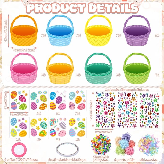 Funrous 48 Sets Easter Crafts Kit Easter Basket Egg Paper Crafts DIY Make Your Own Basket Hanging Ornaments Decorations with Pompoms Diamond Stickers Spring Classroom Activity Arts Gifts Party Favors
