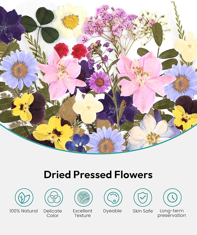 Dried Flowers, Resiners 58Pcs Pressed Flowers for Craft Purple Real Natural Dried Flowers Dry Leaves Kit for DIY Making Crafts Resin Soap Candle Scrapbook Supplies Card Making Jewelry