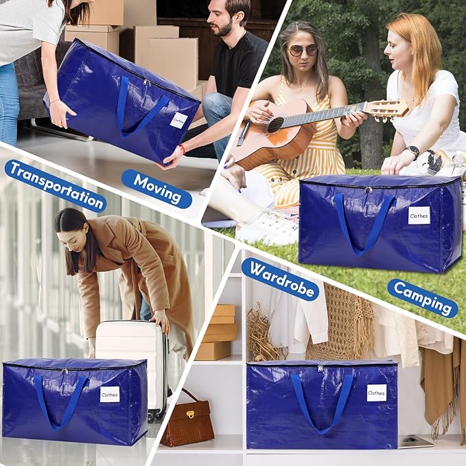 6-Pack Extra-Large Heavy-Duty Moving bags with Reinforced Handles, Durable Zippers & Waterproof Material — Perfect for Space-Saving, Storage, Shipping and Travel (Blue)