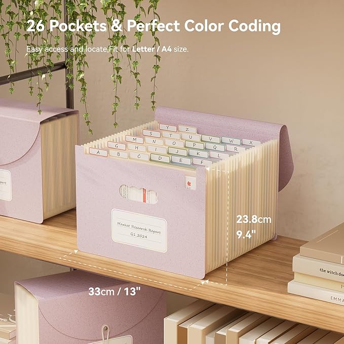 EcoStash Accordion File Organizer, 26 Pockets Wheat Straw Expanding File Folder, Monthly Bill Receipt Organizer, A-Z Tabs, 100% BPA Free, Return to Nature, Healthy Living-Lavender Purple