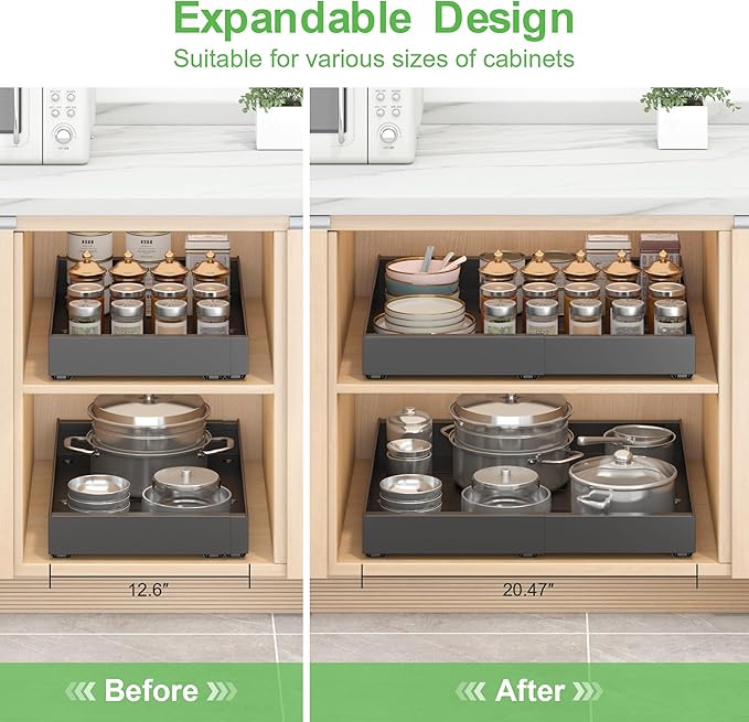 Expandable Pull-Out Cabinet Organizer - Black 21" D x Adjustable Width 12.6-20.47", No Drill Adhesive Installation with 3-Slide Rails for Kitchen Storage (2 Pack)