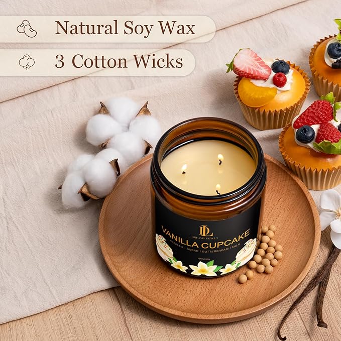 Vanilla Cupcake Scented Candle, 12oz 60 Hour Long Lasting Candles, Large 3 Wick Natural Soy Candles for Home Scented, Candle Gifts for Women Men