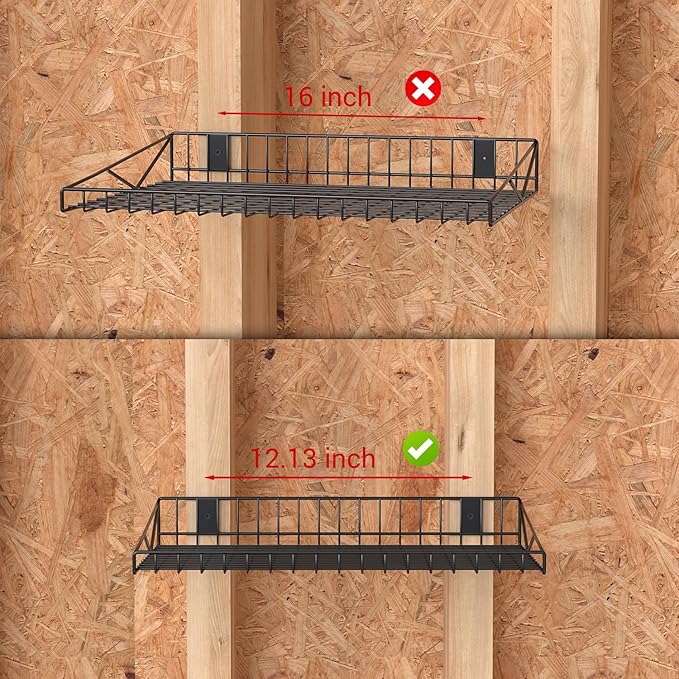 4 Pack Garage Wall Shelf, Garage Wall Mounted Shelving, Heavy Duty Floating Shelves With 8 Hooks, Loads 180 LBS Black Wall Shelves Mesh Storage Rack for Office, Basement, Wall Cabinet and Kitchen