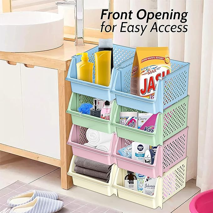 Skywin Plastic Stacking Bins Open Front for Pantry, 12-Pack Stackable Bins For Organizing Food, Kitchen, and Bathroom Essentials (Multi)