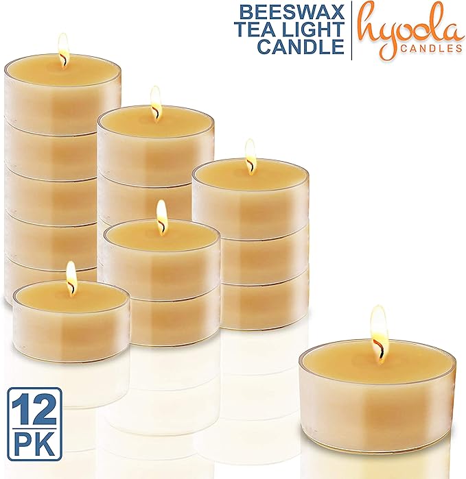 Hyoola Pure Beeswax Tea Lights, Handmade Decorative Unscented, Tealight Candles, 4 Hour Burn Time, Clear Cup (Pack of 12)