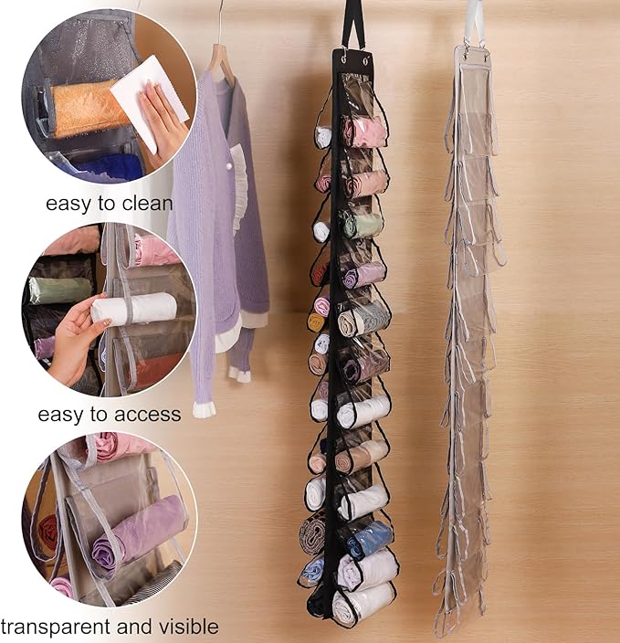 Legging Organizer for Closet Hanging 20 Pockets, Clear Hanging Legging Organizer Closet, Oxford Cloth Legging Storage for Wardrobe Behind Door(2Pack*Light Gray)