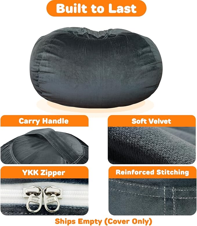 Lukeight Stuffed Animals Storage Bean Bag Chair Cover Only (Ships Empty, No Filling) - Velvet YKK Zipper Beanbag Cover for Toddlers and Kids, Washable Plush Toy Organizer, Large 27" D x 16" H