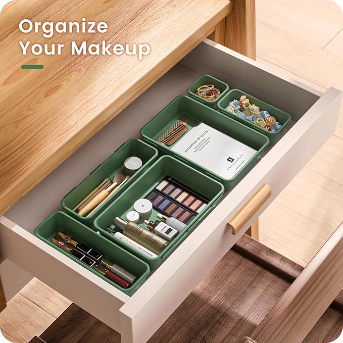 【𝟮𝟴𝗣𝗖𝗦】 【𝟱𝗦𝗶𝘇𝗲】 ArmyGreen Drawer Organizer, Makeup organizer, 【Holds 177 Items】 Bathroom Organizers and Storage, Plastic Desk Organizer Divider, Organizer Bins for Office Vanity A-LUGEI