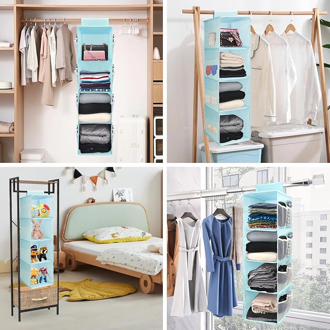 PetsHome 4-Shelf Hanging Closet Organizer, Space Saver, Closet Hanging Storage Shelves with Mesh Pockets & Magic Tap for Storage, Foldable-Blue