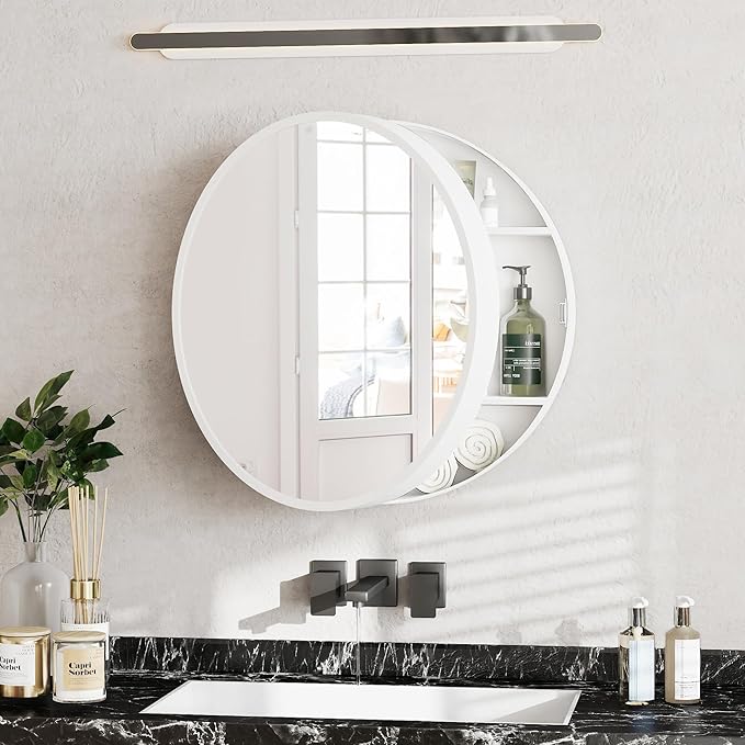 SUNWAVE 20 Inch Round Black Medicine Cabinet with Mirror, Modern Wall Mounted Vanity Cabinet for Bathroom, Circle Bathroom Mirror with Storage, Space-Saving Wood Cabinet (White, 20 Inch)